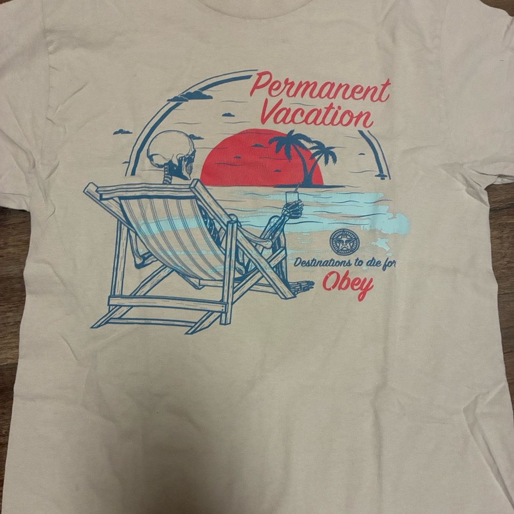 Obey Cream Permanent Vacation Skull Red Graphic Tee Shirt